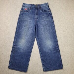 Vintage Y2K Fubu Embroidered Logos Denim Jeans Boys Size 14 Baggy Wide Leg Skate